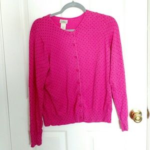 L.L. Bean Polka Dot Cardigan Pink Navy Cotton